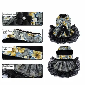 Floral dog dress with black lace trim, bow brooch, and easy velcro closure for summer.