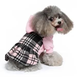 Süßer karierter Hunde-Hoodie mit rosa Ärmeln, warmer Fleece-Haustier-Mantel für Hunde.