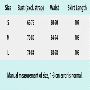 Tableau des tailles détaillé pour robe camisole à carreaux bleus, buste, taille et longueur.
