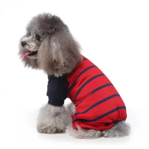 Cute striped pet pyjamas for small dogs, comfortable cotton home clothes for daily dog wear.