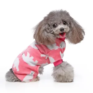 Winter plush pet pajamas for small medium dogs, cute polar bear pattern pink dog onesie.