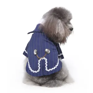 Stylish blue pinstripe pet suit for dogs and cats, elegant tuxedo coat for parties and events.