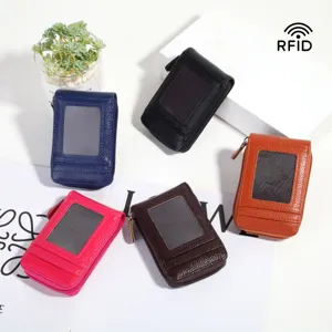 Unisex Mini PU Leather Card Holder Litchi Pattern RFID Blocking Vertical Accordion Zipper Coin Purse Passport Wallet For Daily Men Women
