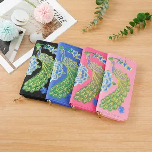 Women Ethnic Embroidered Peacock Long Wallet Oxford Fabric Urban Minimalist Zipper Clutch Purse Travel Card Holder Handbag Gift