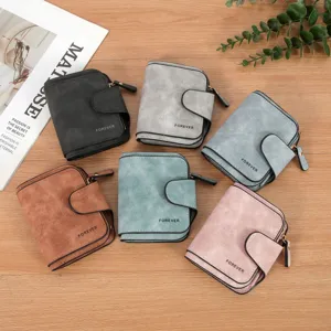 Women Short Wallet Retro PU Leather Frosted Card Holder Zip Coin Purse Clasp Pocket Small Clutch Bifold Wallet For Students