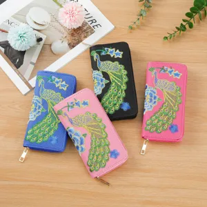 Ethnic style embroidered peacock long wallet women multi card zip purse fashion handbag