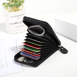 Black PU leather accordion card holder mini vertical wallet with multiple slots and zipper.