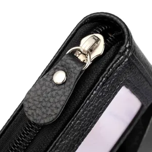 Women vertical mini litchi pattern card holder wallet with zipper closure and card slots.