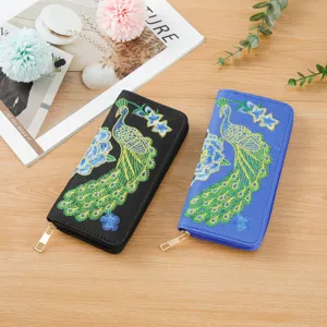 Women ethnic style embroidered peacock wallet single zip card holder long purse bag