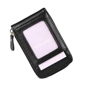 Vertical lychee grain leather card holder with zipper pocket, ID window and card slots.