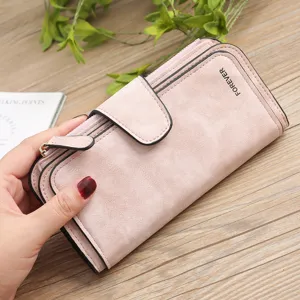 Pink matte PU leather women long wallet with large capacity and multi-card slot design.
