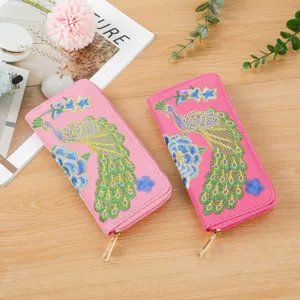 Pink embroidered peacock long wallet women's zipper clutch purse card holder organizer