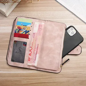 Large capacity women long matte PU leather wallet multi-purpose clutch card holder pink