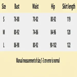 Detailed size chart for women dress, showing bust, waist, hip, and length measurements.