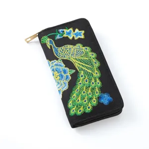 Ethnic Peacock Embroidery Long Wallet Black Zipper Purse for Women Multi-Card Holder