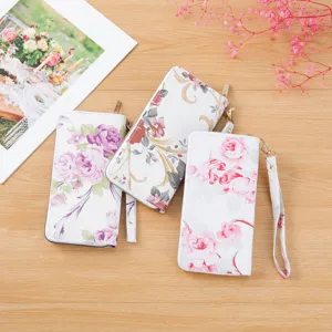 Women's long floral print wallet zipper clutch phone purse card bag with wrist strap.