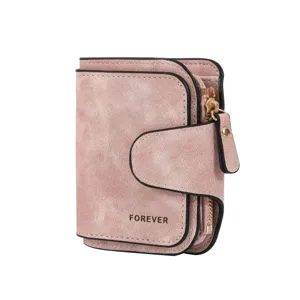 Retro matte leather women's short wallet with multiple card slots and snap closure.