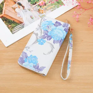 Women long wallet blue floral print pu leather zip clutch purse with wrist strap for daily use
