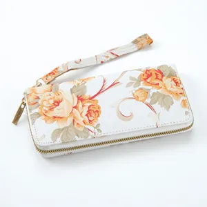Floral print long wallet with wrist strap zipper clutch card holder for women everyday use.