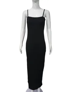 Black slim slip dress detail shot, featuring thin straps and bodycon midi design.