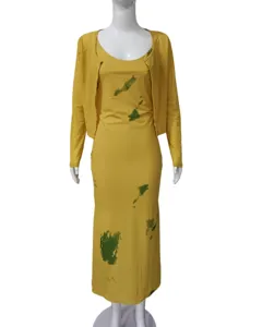 Set due pezzi abito sottoveste e cardigan giallo stampato cravatta elegante vestito