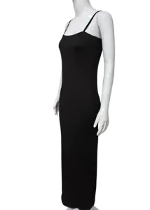 Close-up detail of the black spaghetti strap bodycon long dress showcasing the sleek fit.