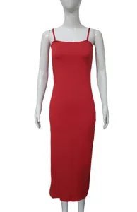 Detailed view of the red slip dress showcasing the slim fit, bodycon silhouette and thin straps.