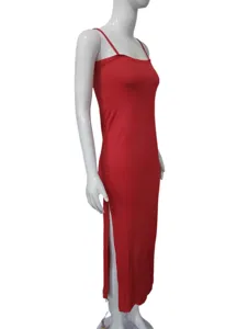 Red spaghetti strap slim bodycon long dress, featuring a chic side slit design detail.