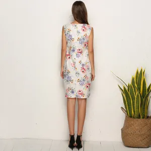 Detailed back view of a women floral printed sleeveless summer dress, elegant style.