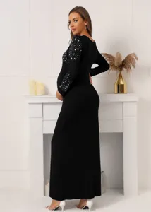 Elegant black long sleeve maternity evening dress with rhinestone details for stylish moms.