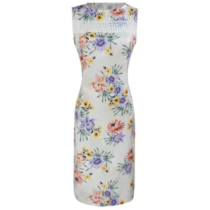 Elegant women's sleeveless floral print midi dress with white lace yoke for summer.