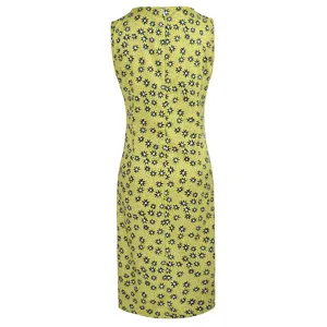 Women sleeveless yellow midi dress featuring black white daisy floral print summer casual wear.