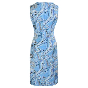 Blue paisley print sleeveless slim midi dress for women, elegant summer wear style.