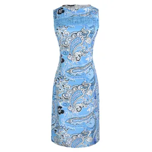 Blue paisley sleeveless dress with lace patch detail, elegant summer fashion style for women.