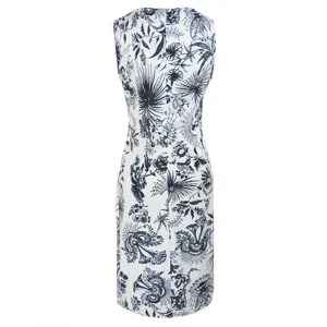 Detailed view of the elegant womens sleeveless summer dress featuring chic blue floral print design.