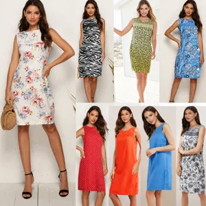Women's Casual Sleeveless Printed Midi Dress Crew Neck Patchwork Lace Summer Beach Party Sundress Fashion Apparel