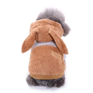 Detail view of plush pet hoodie for small dogs, featuring cute rabbit ears and warm design.