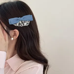 Blue denim bow hair clip with white lace trim, sweet side hair barrette for women and girls