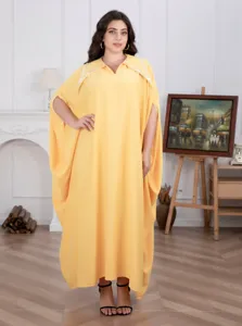 Grote maat vrouwen geel maxi jurk feest lange kaftan vleermuismouw strass steen elegant