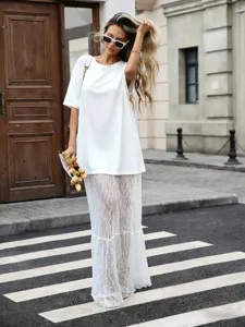 Summer new solid color long dress women European personality design lace spliced short sleeve dress