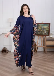 Plus Size Floral Long Dress Women Casual Loose Kaftan Maxi Dress Elegant V-Neck Maxi