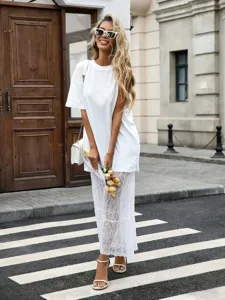 Details of the summer solid color lace spliced short-sleeve dress, chic European style.
