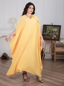 Grote maat gele kaftan jurk met strass kraag, elegante lange vleermuismouw maxi jurk.
