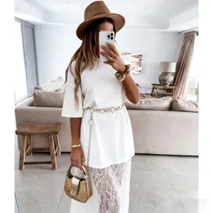 White short sleeve lace patchwork long dress for women summer casual stylish chic outfit