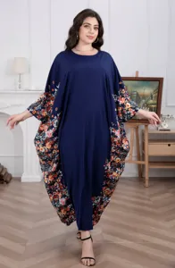 Plus size loose floral long kaftan dress for women, comfortable elegant blue maxi dress.