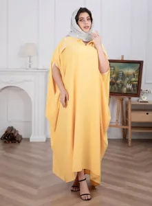 Grote maat gele vleermuis mouw maxi jurk met strass afwerking elegante feest kaftan