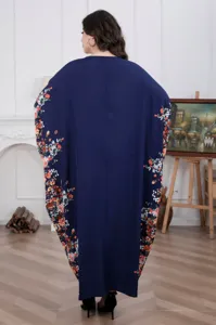 Plus size floral long dress loose navy blue caftan elegant women maxi robe casual wear