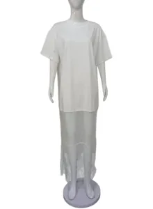 Detail view of the white short sleeve top spliced with elegant lace long dress for women.