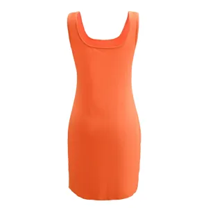 Orange sleeveless tank dress detail view, solid color slim fit casual summer wear item.