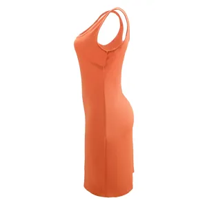 Side detail view of a solid orange sleeveless bodycon tank dress, sleek slim fit silhouette.